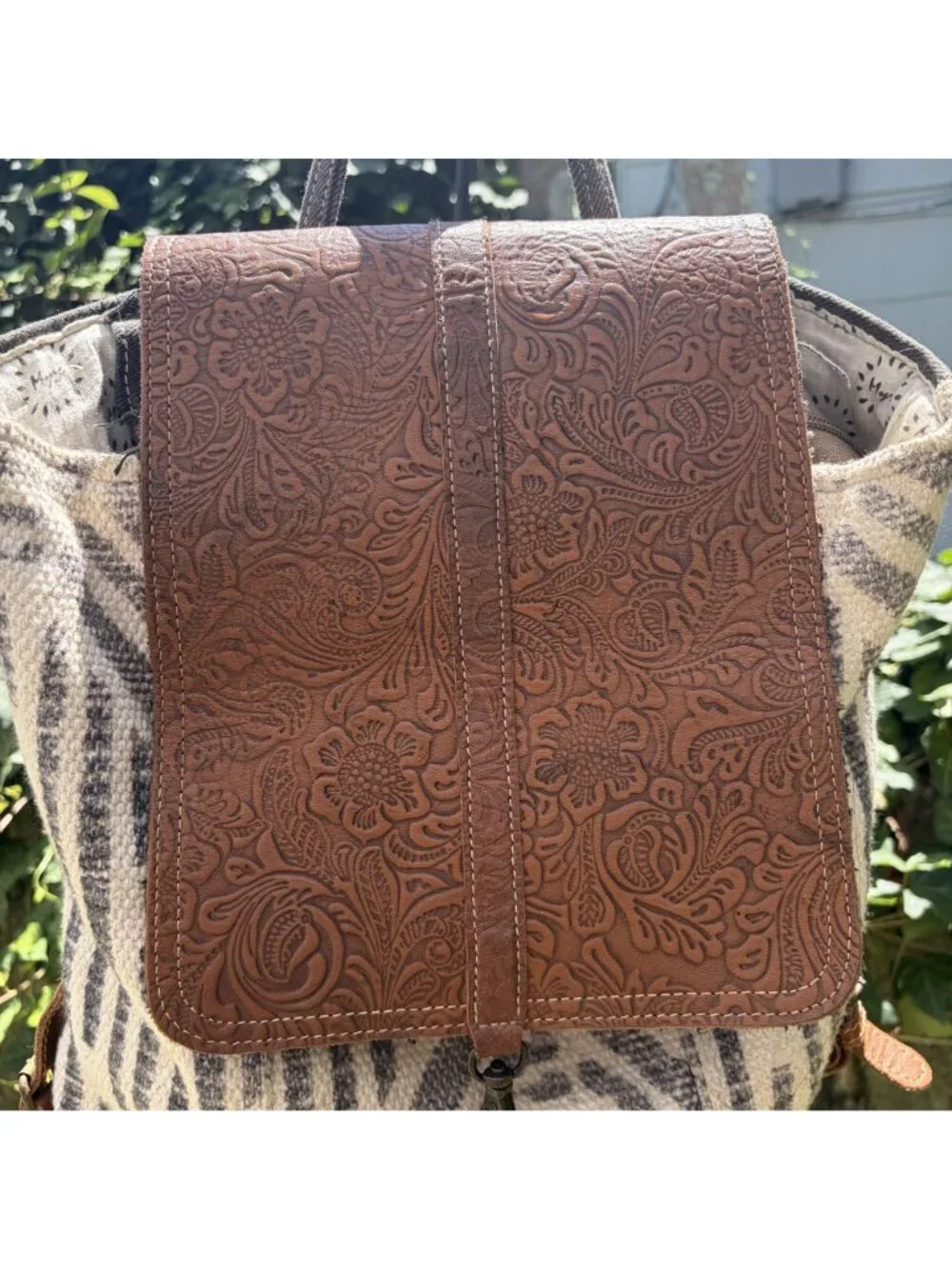 Myra Bag Embossed Leather Canvas Backpack Boho Western Southwestern Rustic Indie